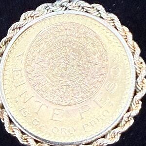 Mexican Coin Pendant with Braided Gold Edge